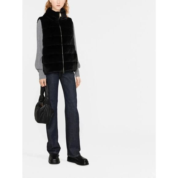 Herno Black Faux Fur Vest Sleeveless Gold Zip Slip Pockets Quilted 40 4 S - Picture 11 of 11